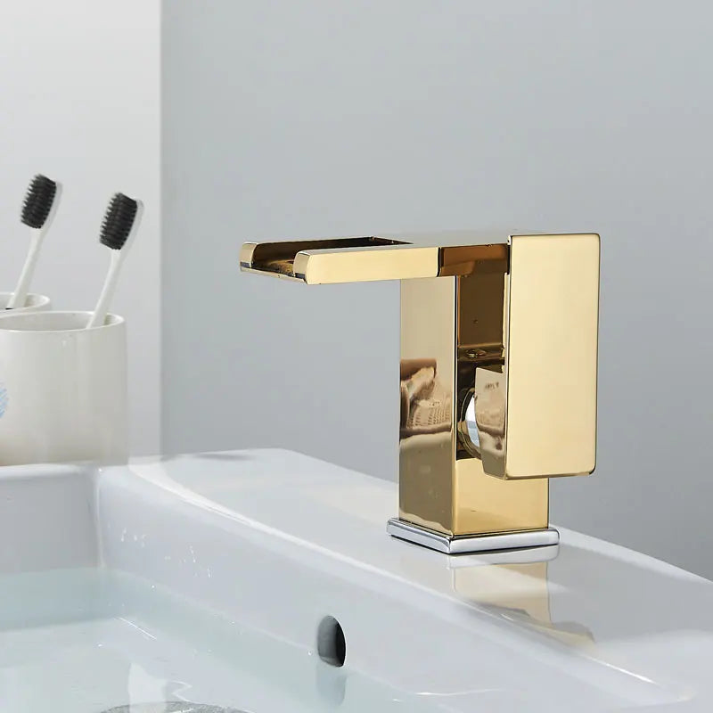 Brass LED Waterfall Bathroom Basin Faucet Deck Mount Cold Hot Water Mixer Crane Tap Short or Tall Tapware Water Flow Motor Free shipping