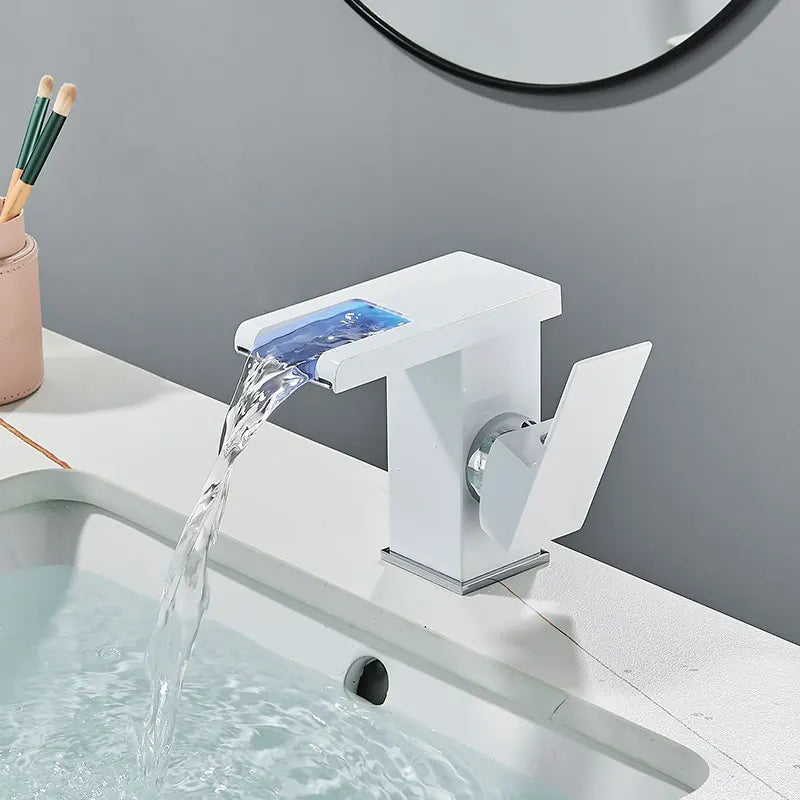 Brass LED Waterfall Bathroom Basin Faucet Deck Mount Cold Hot Water Mixer Crane Tap Short or Tall Tapware Water Flow Motor Free shipping
