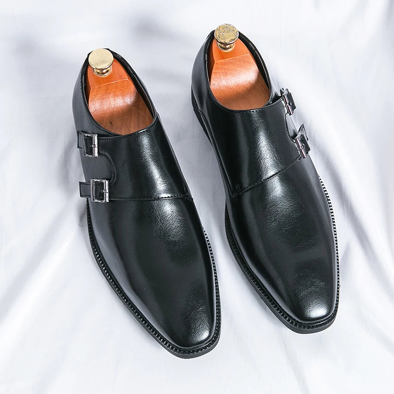 Classic Retro Dress Men's Monk Leather Shoes With Pointed Toe Buckle Business Office Wedding Soft Comfortable Men's Shoes