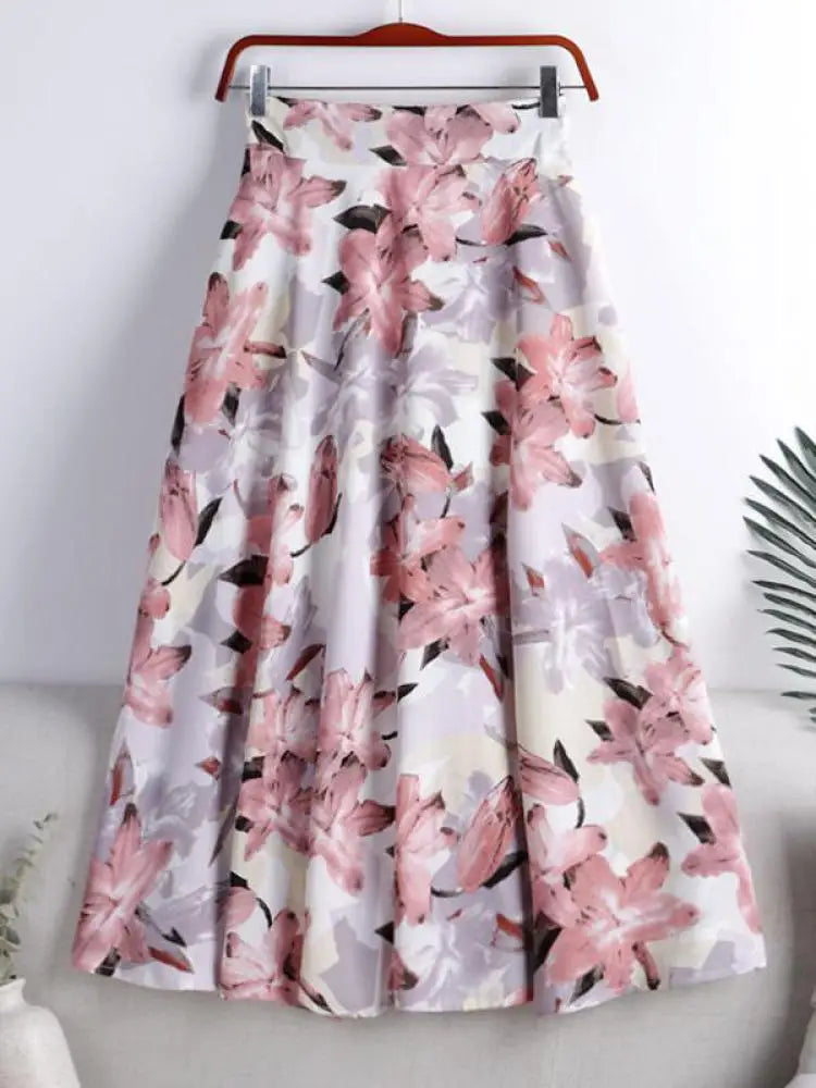 Chiffon Print Dot Skirts Womens High Waist All-match Summer Medium Long A-line Skirt Female Office Lady Pleated Skirt Elegant