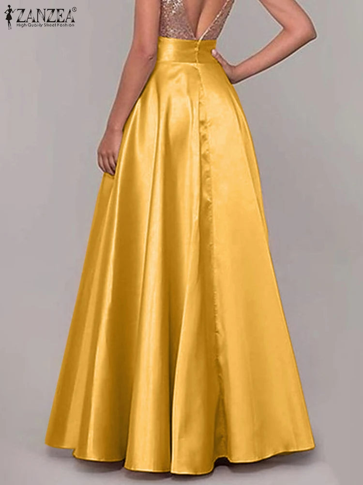 ZANZEA Women High Waist Maxi Skirts 2024 New Casual Loose Party Sundress Femme Long Silk Satin Skirt Faldas Saia Vestidos Robe