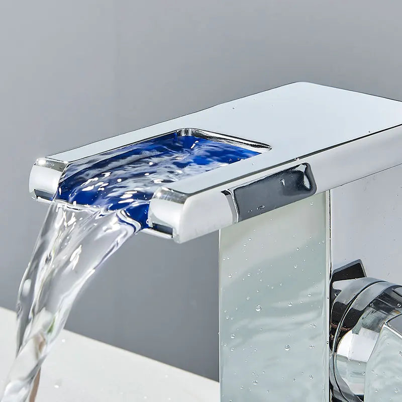 Brass LED Waterfall Bathroom Basin Faucet Deck Mount Cold Hot Water Mixer Crane Tap Short or Tall Tapware Water Flow Motor Free shipping