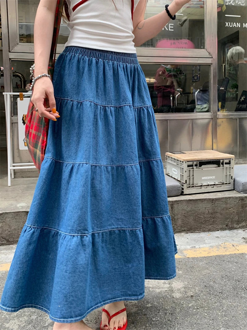 Vintage Women Denim Skirts Long Denim Layered Ladies 2024 Summer A-Line Loose Casual Elastic High Waist Midi Jeans Skirt L985