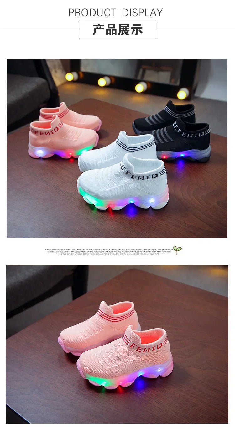 Brand New 2024-2025 Kids Sneakers Children Baby Girls Boys Letter Mesh Led Luminous Socks Sport Run Sneakers Shoes Sapato Infantil Light Up Shoes