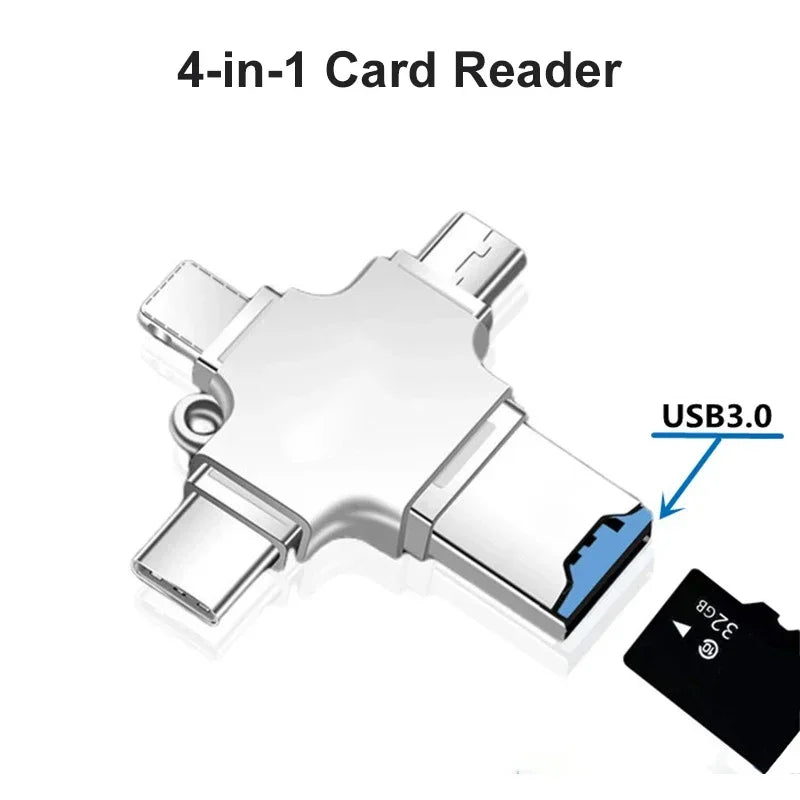 USB C OTG Adapter 4-in-1 USB 3.0 to USB-C Micro USB Type C Lightning Computer Tablet USB Card Reader WHEN you buy one we freely offer a laptop stand as a gift