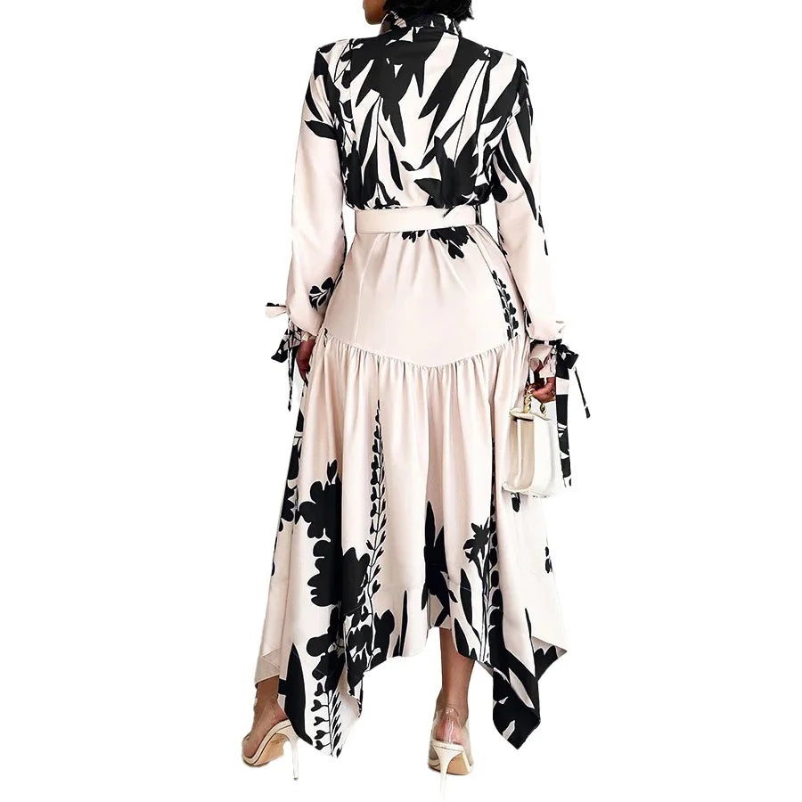 Brand New collections 2024-2025 Elegant Shirts Dresses for Women Printed Turn Down Collar Full Sleeve Belt Waisted Asymmetric Fashion Ladies Birthday Vestidos