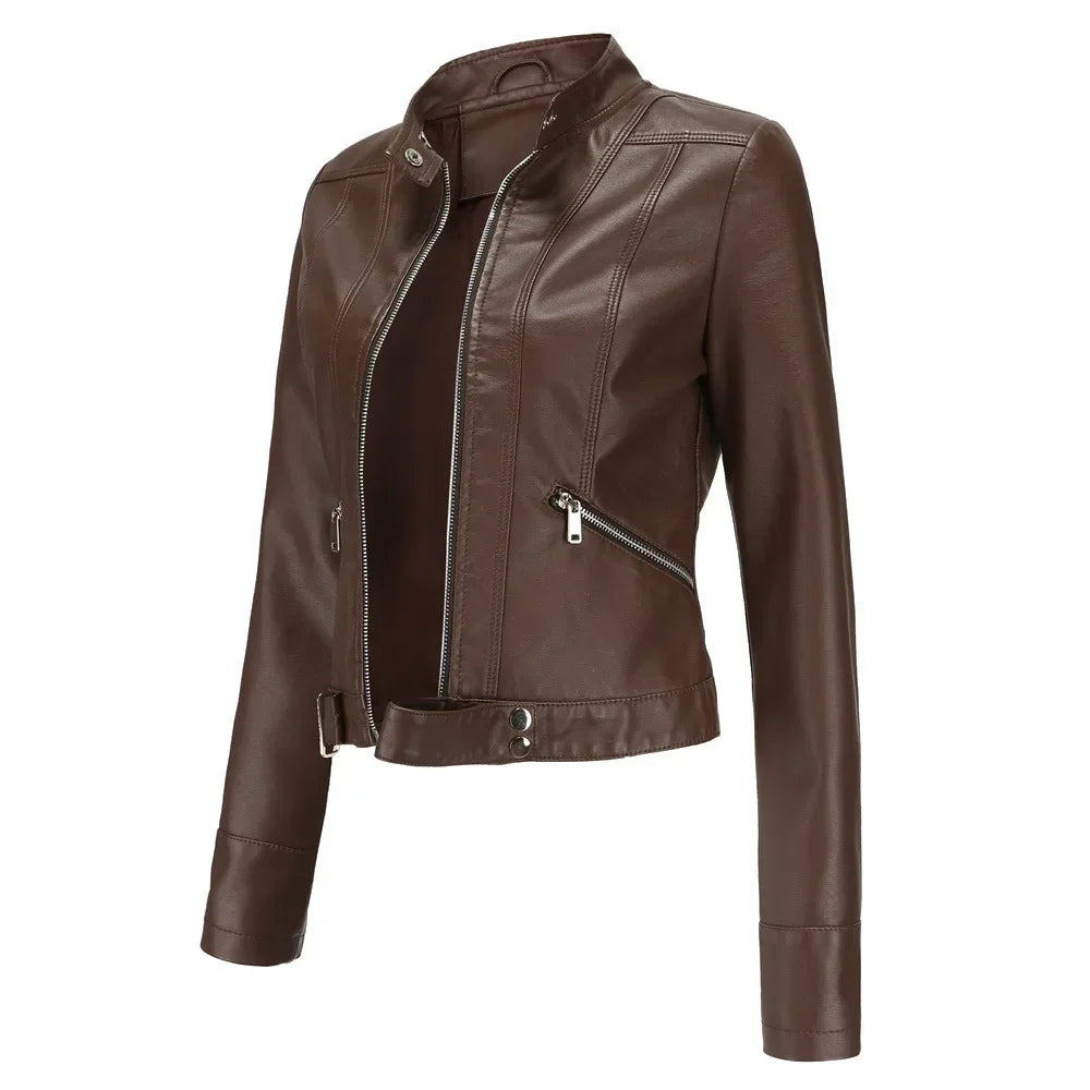 Spring Autumn Stand Collar Ladies Thin Leather Outerwear 2024 New Style Women's Leather Jacket Short Slim Fit