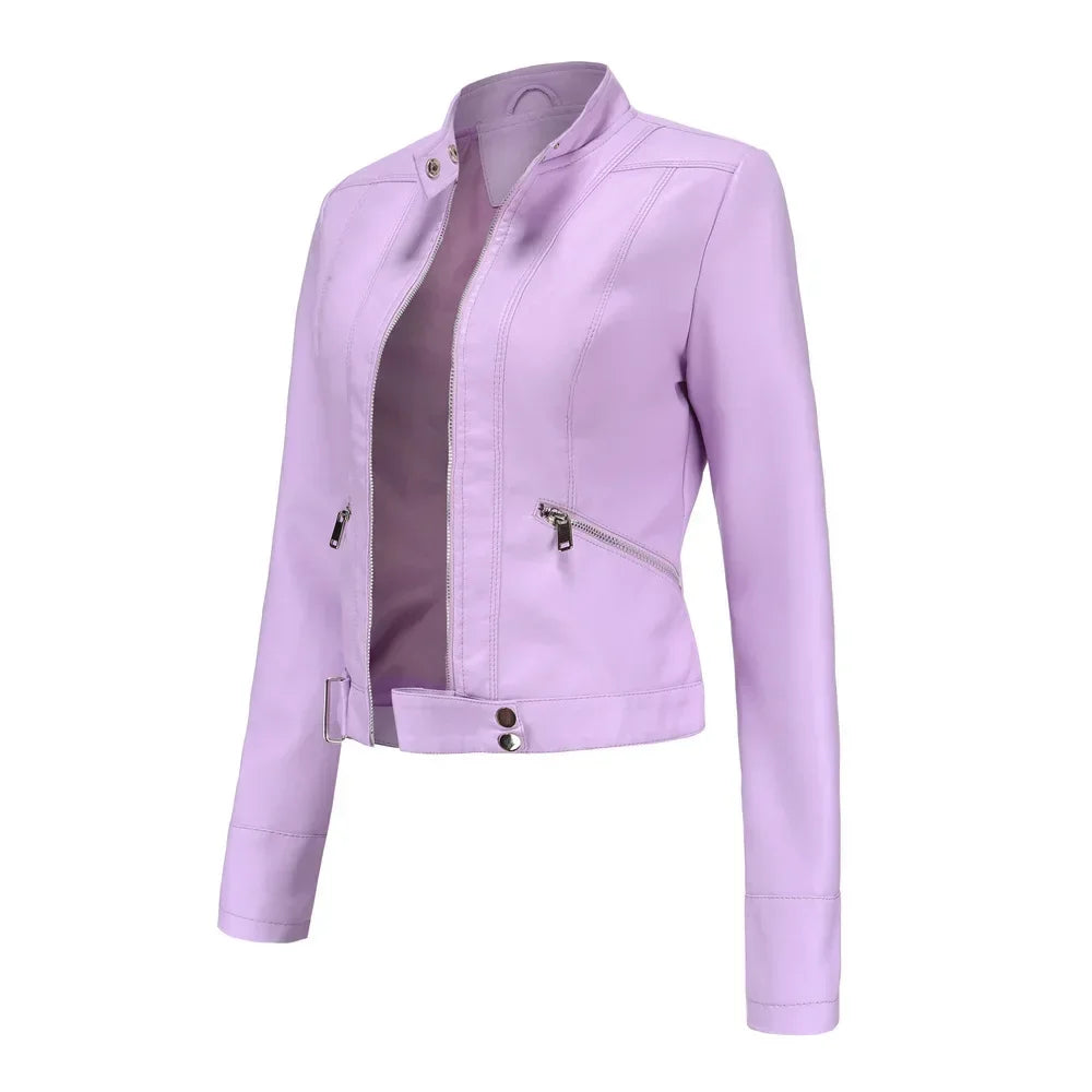 Spring Autumn Stand Collar Ladies Thin Leather Outerwear 2024 New Style Women's Leather Jacket Short Slim Fit