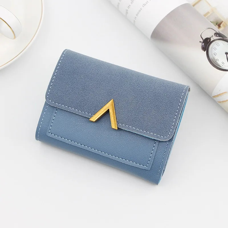 2024 New Leather Women's Wallet Retro Small Fresh Metal Heart Pattern Short Card Holder Solid Color Soft Surface Student Coin Purse