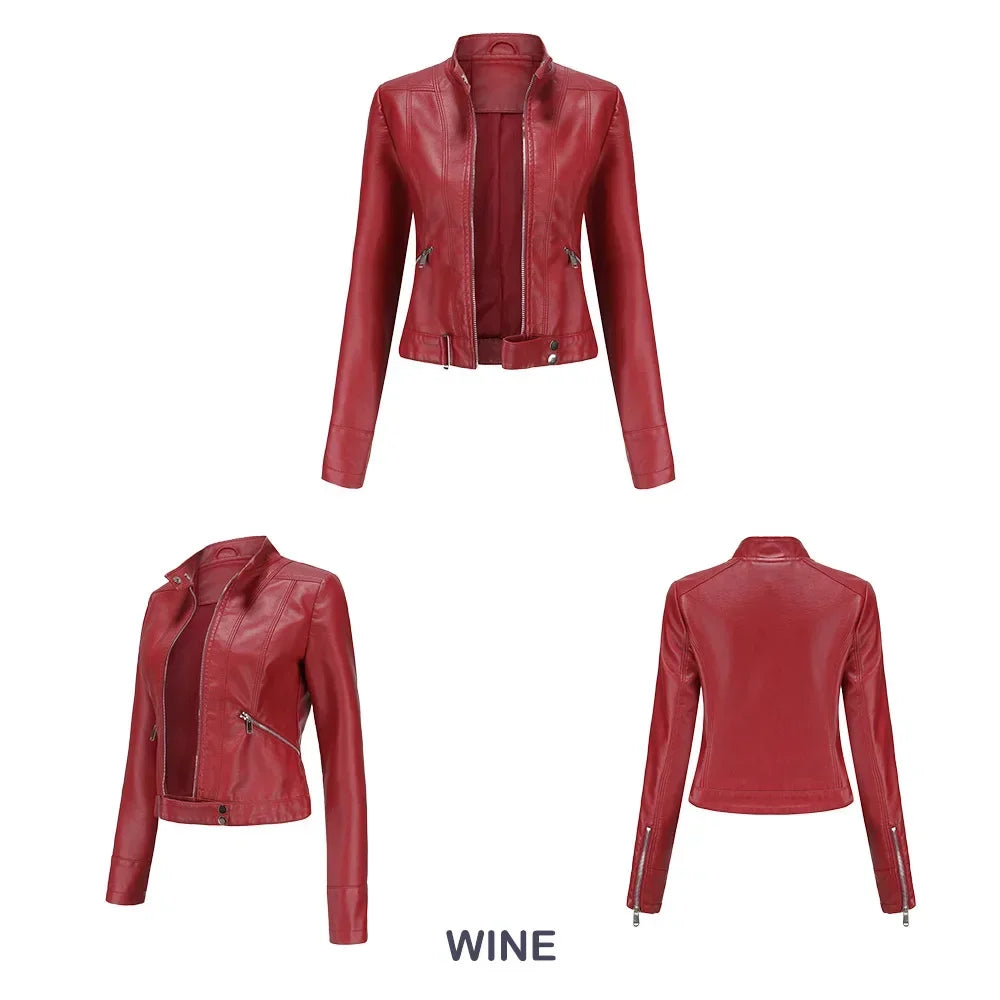 Spring Autumn Stand Collar Ladies Thin Leather Outerwear 2024 New Style Women's Leather Jacket Short Slim Fit