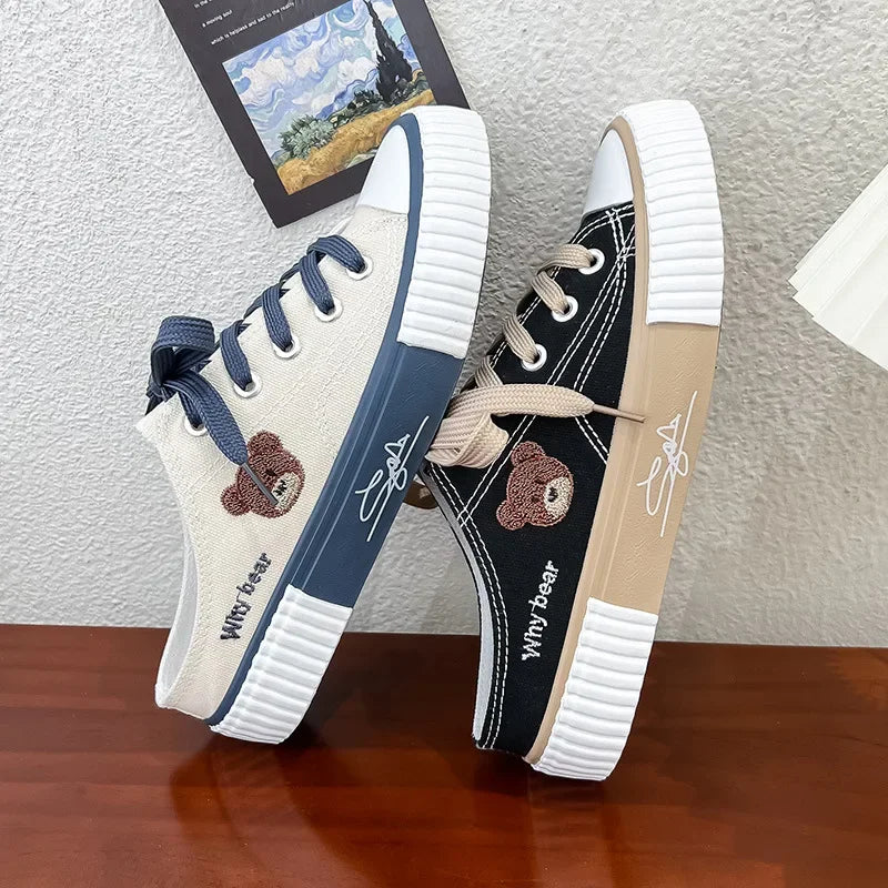 Women Cute Bear Canvas Shoes New Flat Casual All-match Half Slippers USA Version Trend Lace Up Ladies Vulcanized Shoes 2024