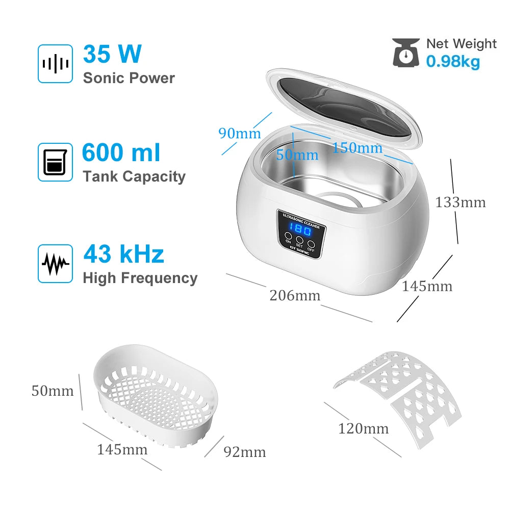 35W Digital Ultrasonic Cleaner 600ml Sonicator Bath Vibration Ultrasonic Jewelry Ring Parts Glasses Watch Cleaning Machine