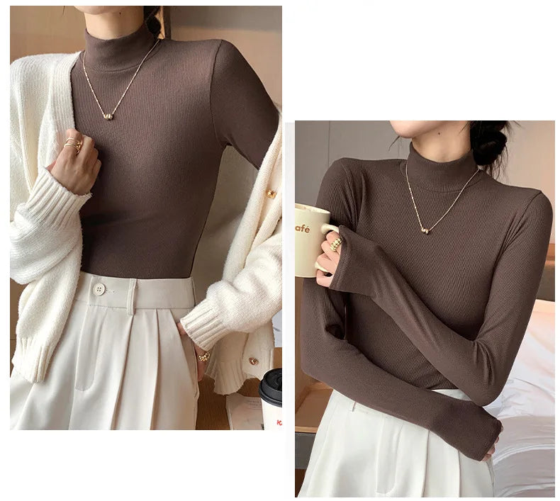 2024 New Knitted Half-turtleneck Pullovers Women Bottom Shirts Sweater Jumper Elegant USA and Canadian Fashion Long-sleeved Tops Knitwear