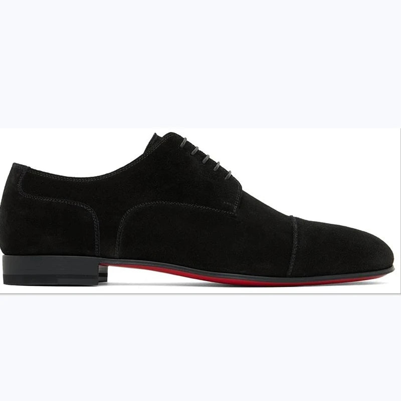 Brand New 2024-2025 Red Sole Men Shoes Black Flock Derby Shoes Breathable Lace-up Handmade Men Shoes Free Shipping Chaussures Pour Hommes
