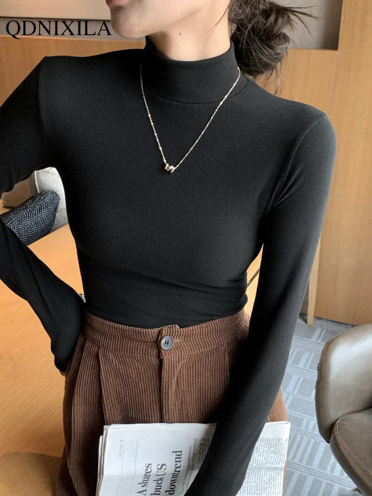 2024 New Knitted Half-turtleneck Pullovers Women Bottom Shirts Sweater Jumper Elegant USA and Canadian Fashion Long-sleeved Tops Knitwear