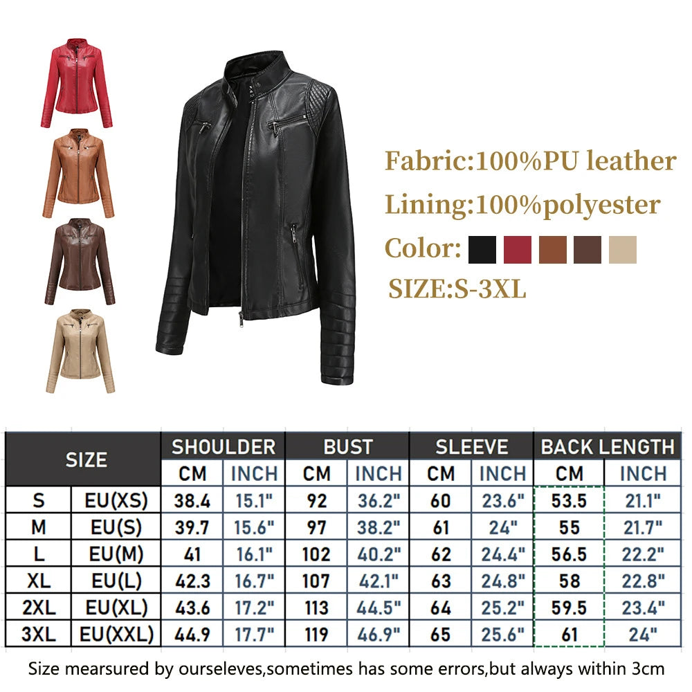 Bright Red V-neck Leather Jacket Women's, Fashion Slim PU Coat, Black Short Outerwear Size XS S M L XL XXL