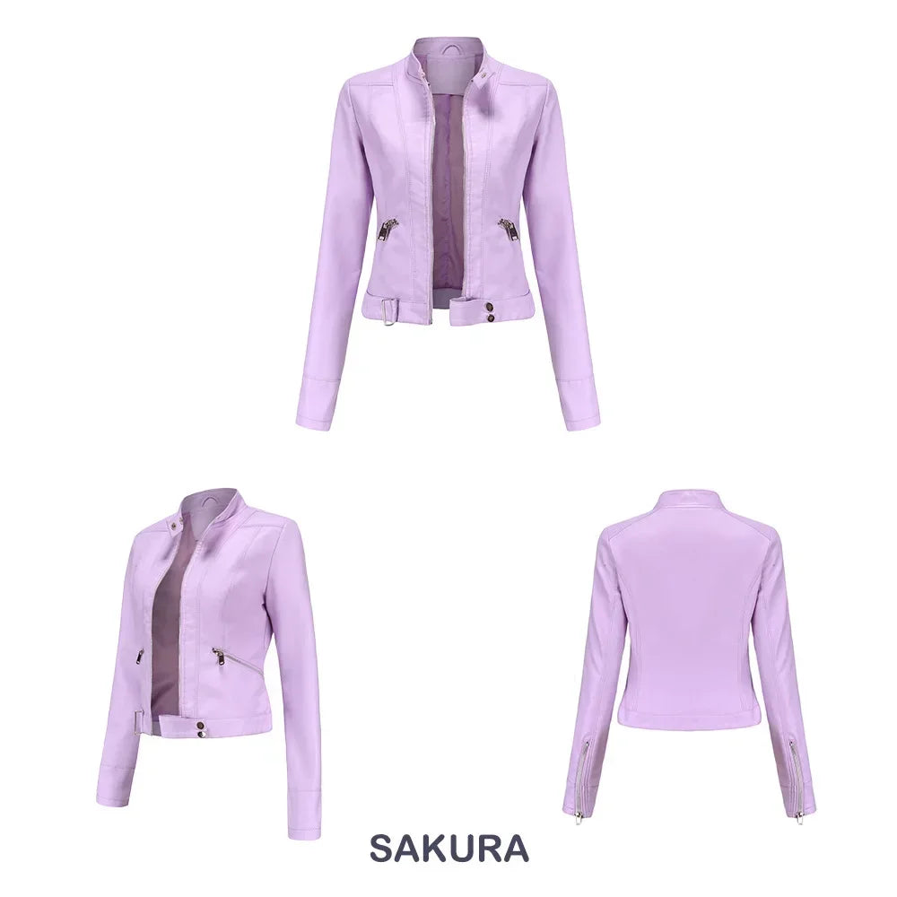 Spring Autumn Stand Collar Ladies Thin Leather Outerwear 2024 New Style Women's Leather Jacket Short Slim Fit