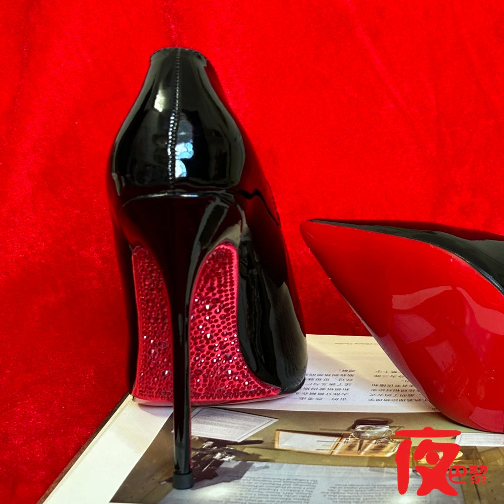 12CM New Wave Edge Shallow Mouth Pointed Shoes European and American Sexy Water Diamond Bottom Fine Heels
