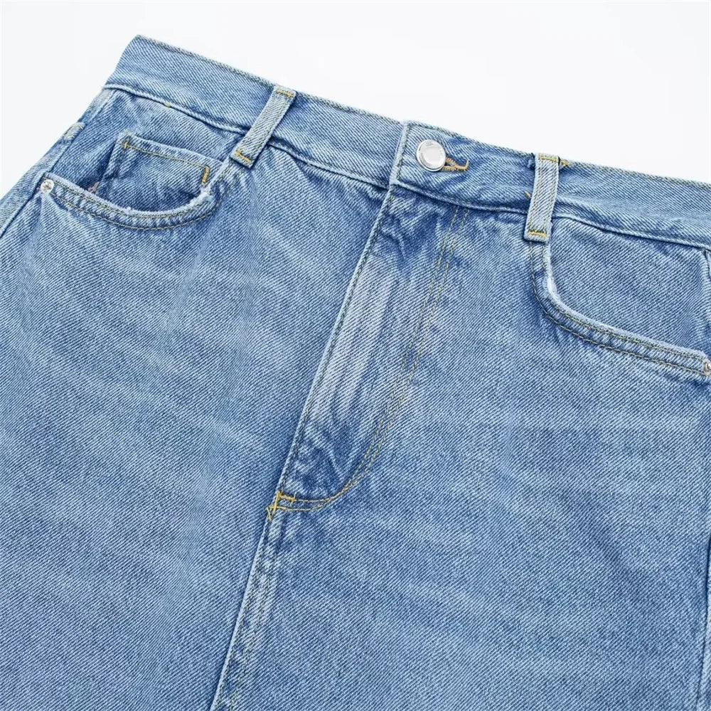 2024ZAR * Spring/Summer New Women's Wear American Retro Fashion with High Waist Back Split Straight Midi Denim Skirt