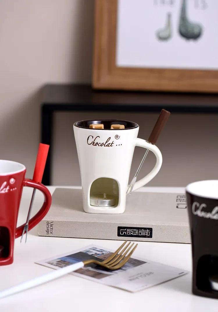 Ceramic Chocolate Cup European Candle Cup Cheese Chocolate Melting Ceramic Mug Heating Food Ceramic Mugwith Fork Creative Mugs