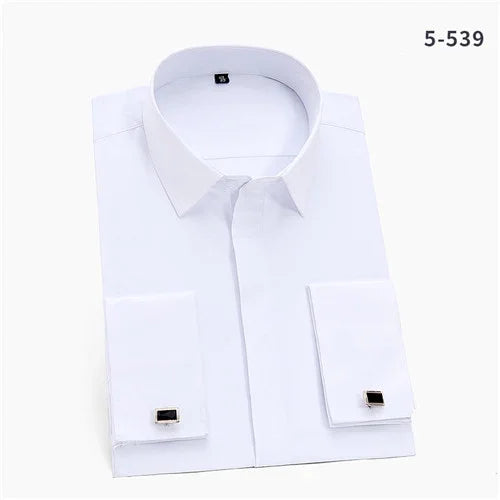 France Cufflinks Men Tuxedo Business Social Shirts Long Sleeve Covered Button Plain Solid Mens Dress Shirt White Light Blue Pink