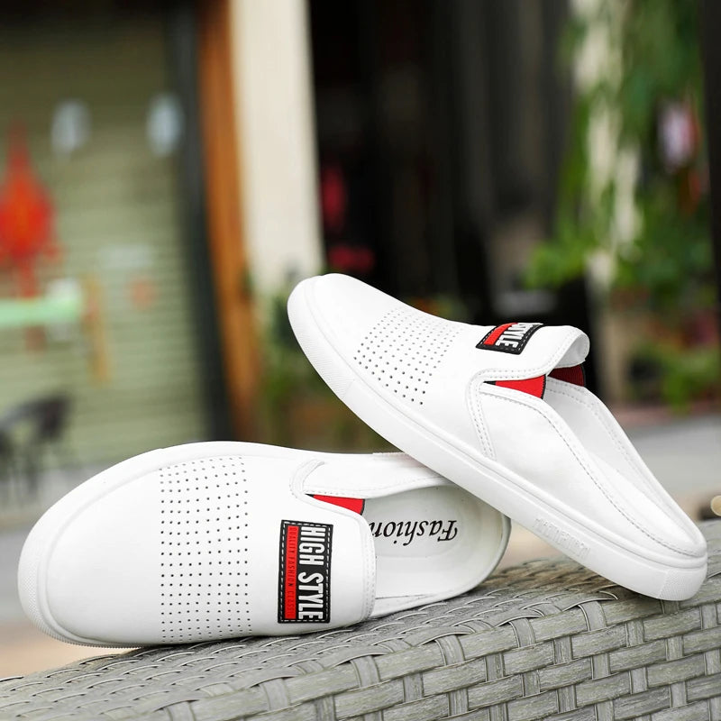 TINTINOS 2024 New Genuine Leather Mens Shoes Slippers Men Loafers Moccasins Classic White Non-slip Half Drag Casual Slides Summer Shoes Male