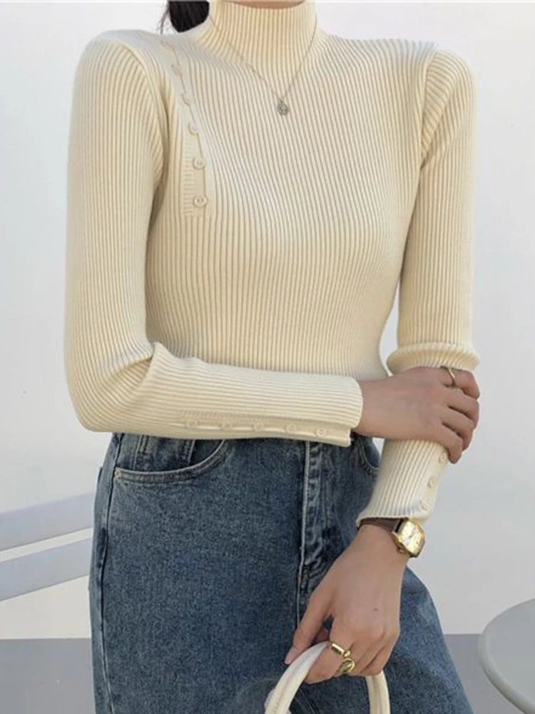 Women Knitted Sweater Long Sleeve Button Turtleneck Slim Pullovers for Autumn Winter 2024 Female Sweaters Soft Warm Bottoming Tops