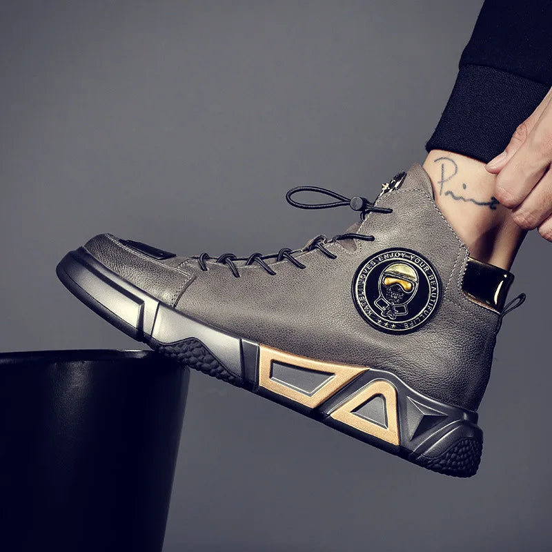 10% OFF High-top Men's Shoes Leather Men's Ankle Boots 2024 Autumn and Winter New Trend Leather Boots Youth Thick-soled Rider Boots WE OFFER 10% OFF
