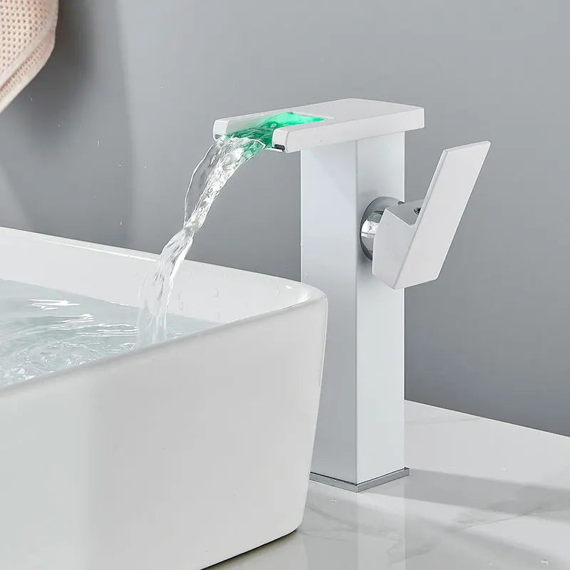 Brass LED Waterfall Bathroom Basin Faucet Deck Mount Cold Hot Water Mixer Crane Tap Short or Tall Tapware Water Flow Motor Free shipping