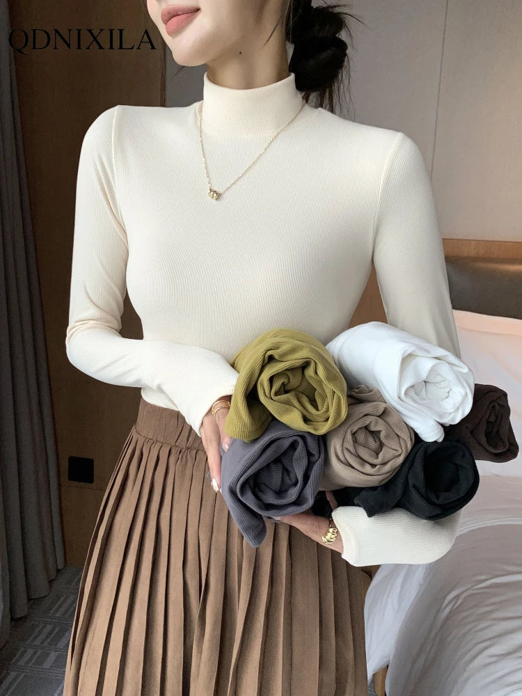 2024 New Knitted Half-turtleneck Pullovers Women Bottom Shirts Sweater Jumper Elegant USA and Canadian Fashion Long-sleeved Tops Knitwear