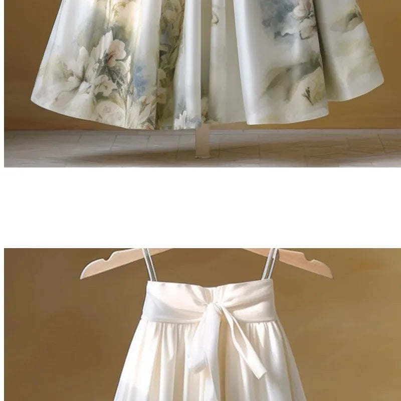 2024 Spring/Summer Chinese Style Printing Spliced Sashes Women's High Waist Fashion Building Checked Loose Midi A-line Skirts