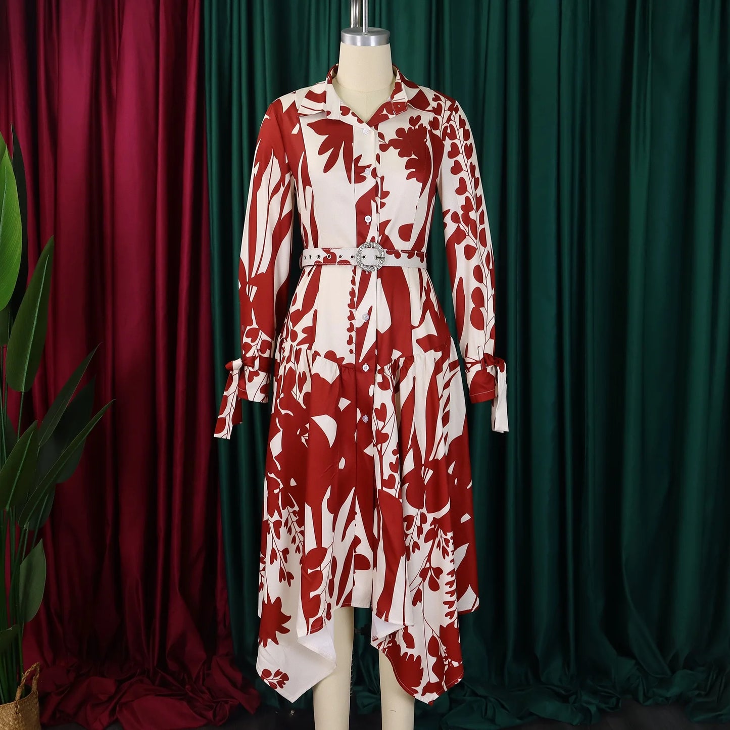 Brand New collections 2024-2025 Elegant Shirts Dresses for Women Printed Turn Down Collar Full Sleeve Belt Waisted Asymmetric Fashion Ladies Birthday Vestidos