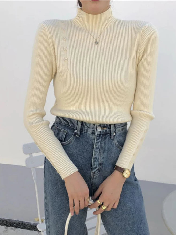 Women Knitted Sweater Long Sleeve Button Turtleneck Slim Pullovers for Autumn Winter 2024 Female Sweaters Soft Warm Bottoming Tops