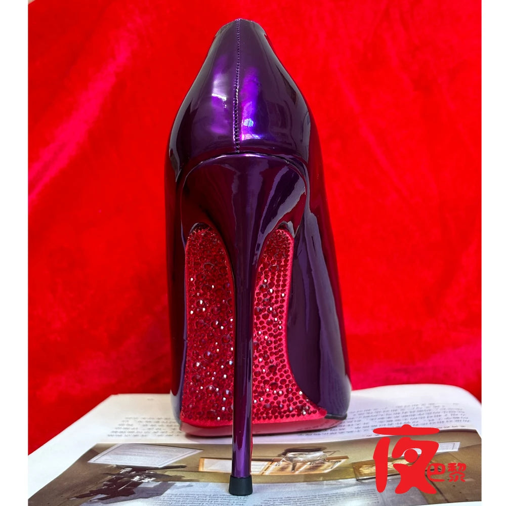 12CM New Wave Edge Shallow Mouth Pointed Shoes European and American Sexy Water Diamond Bottom Fine Heels