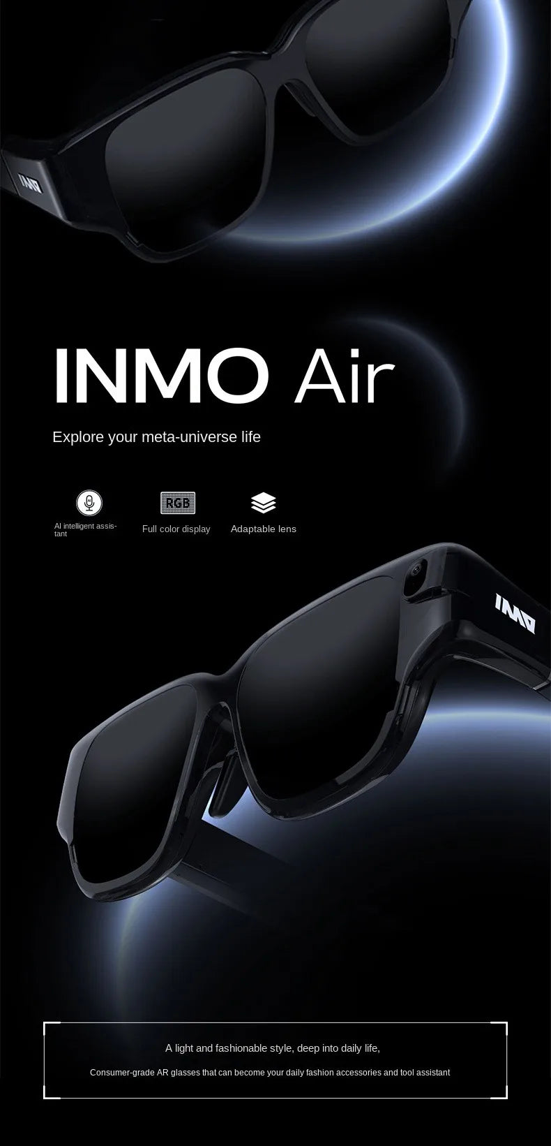 Brand New 2024-2025 INMO Air Smart AR Glasses Real-time Translation and Text Prompt 3D With Camera For Movie Watching Full-color True Wireless