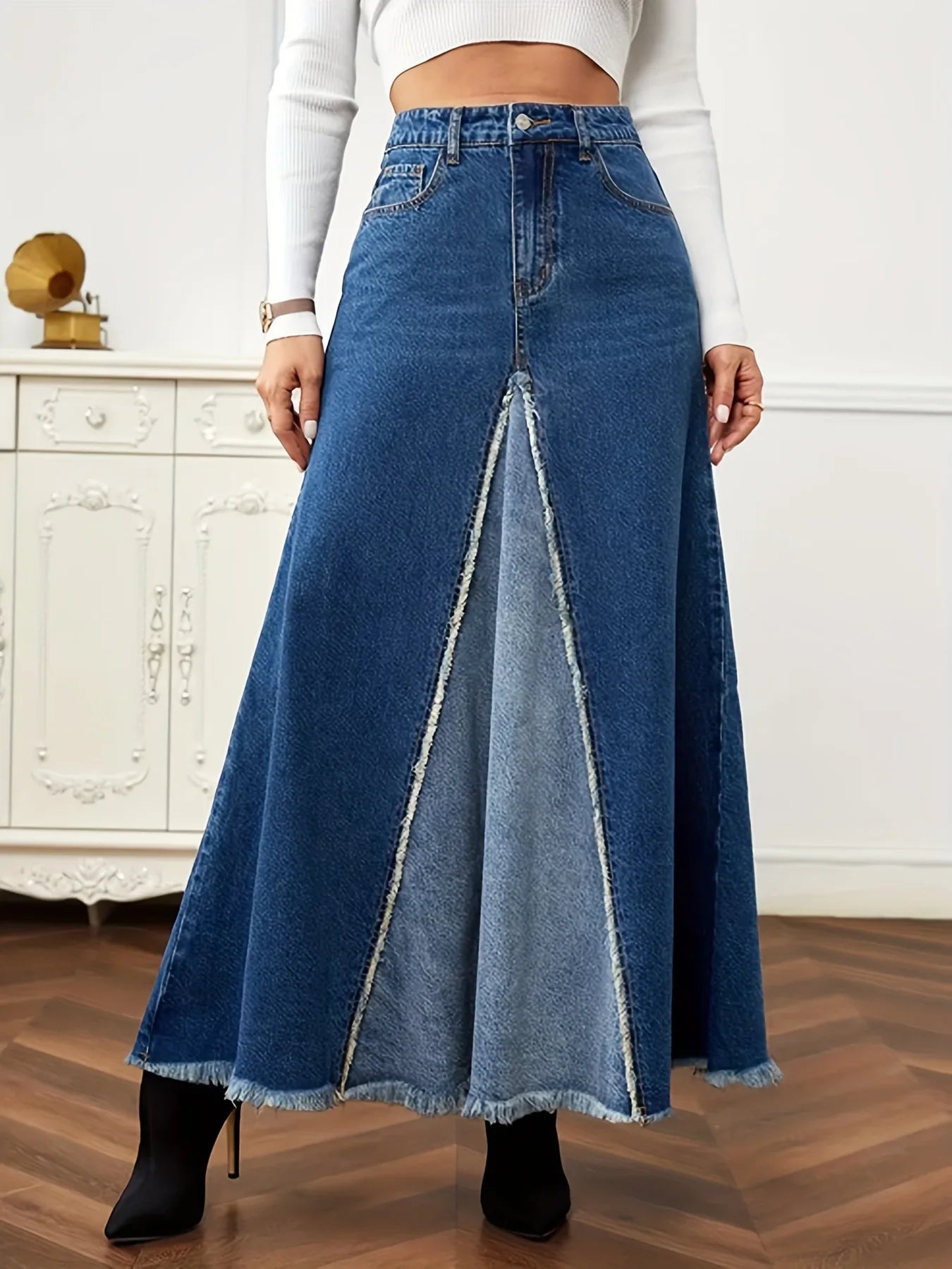 2024 Autumn New Women's Denim Long Skirt Fashion Loose Spliced Denim Swing Skirt Female Casual Clothes XS-L