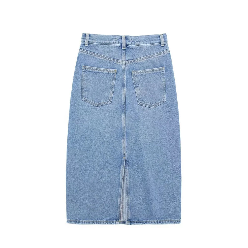 2024ZAR * Spring/Summer New Women's Wear American Retro Fashion with High Waist Back Split Straight Midi Denim Skirt