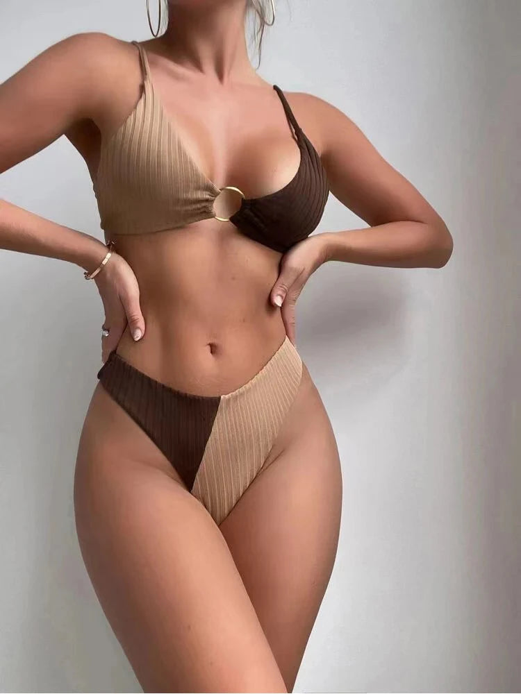 2024 Sexy Lady Contrasting Colors Swimwear Hollow Out Backless Holiday Bikini Set Two Piece Swimsuit Push Up Beach Bathing Suit