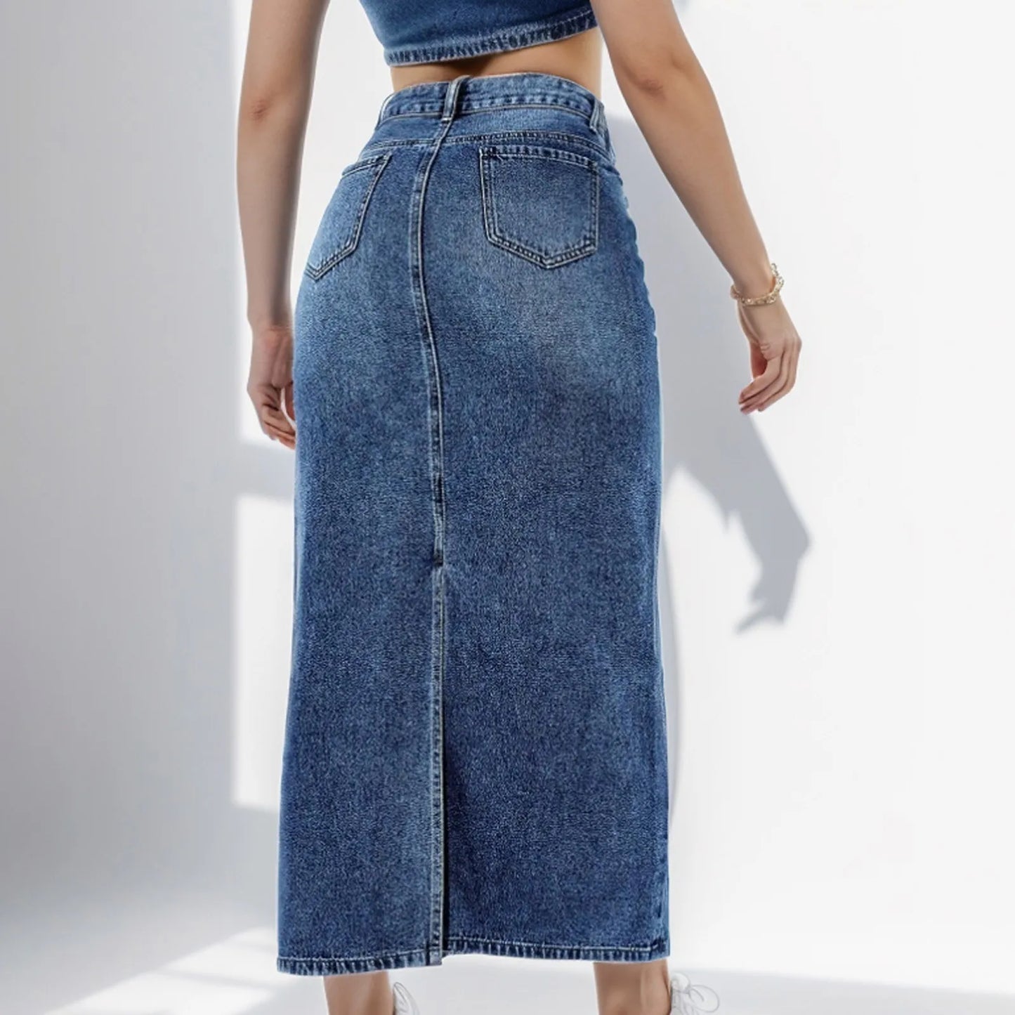 TINTINOS NEW 2024 Women's Fashion Side Split High Waist Denim Straight Skirt Office Lady Black Blue Midi Jean Skirts Autumn Long Skirt