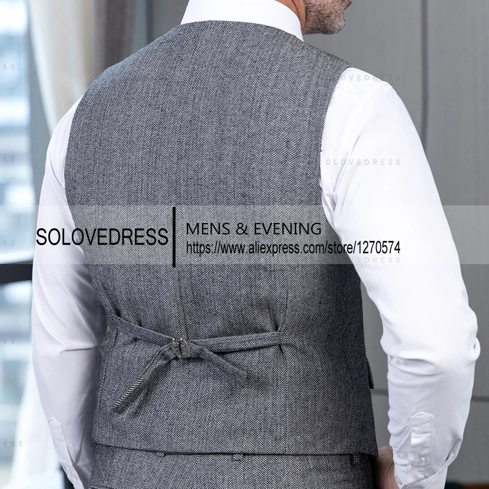 V Neck Men's Waistcoat Slim Fit Single Breasted Herringbone Tweed Men's Suits Vest Groomsmen