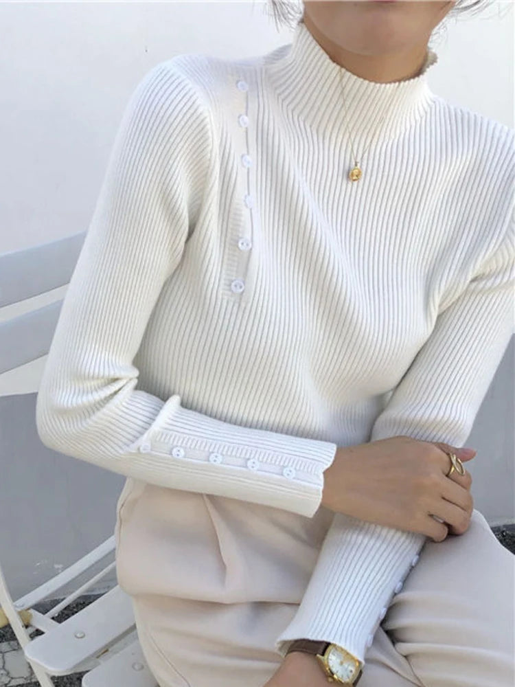 Women Knitted Sweater Long Sleeve Button Turtleneck Slim Pullovers for Autumn Winter 2024 Female Sweaters Soft Warm Bottoming Tops