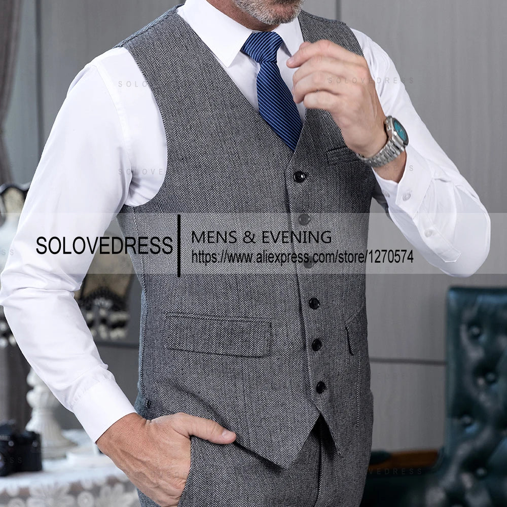 V Neck Men's Waistcoat Slim Fit Single Breasted Herringbone Tweed Men's Suits Vest Groomsmen