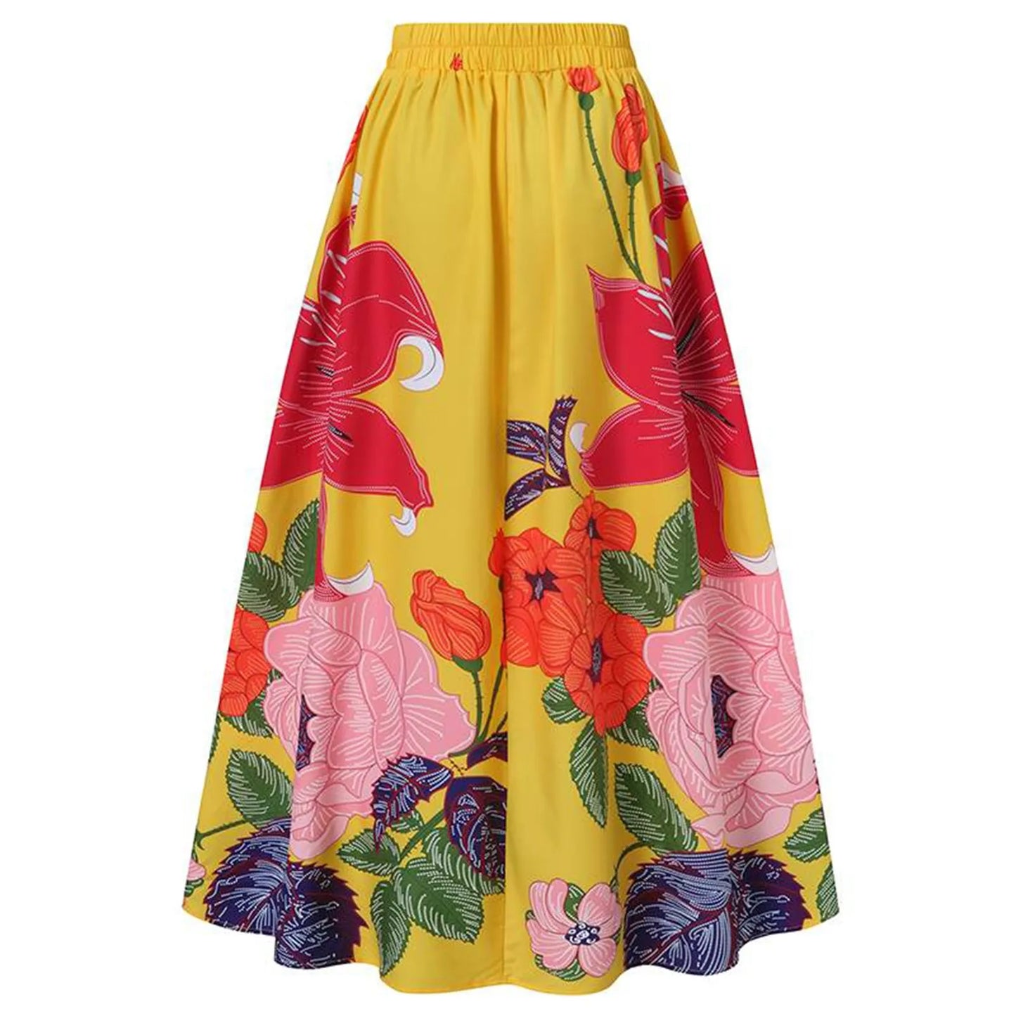 Women Floral Print Maxi Skirt Bohemian High Waist Pocket Party Long Skirt Loose Ruched Dress Elegant Female Fashion A-Line Skirt