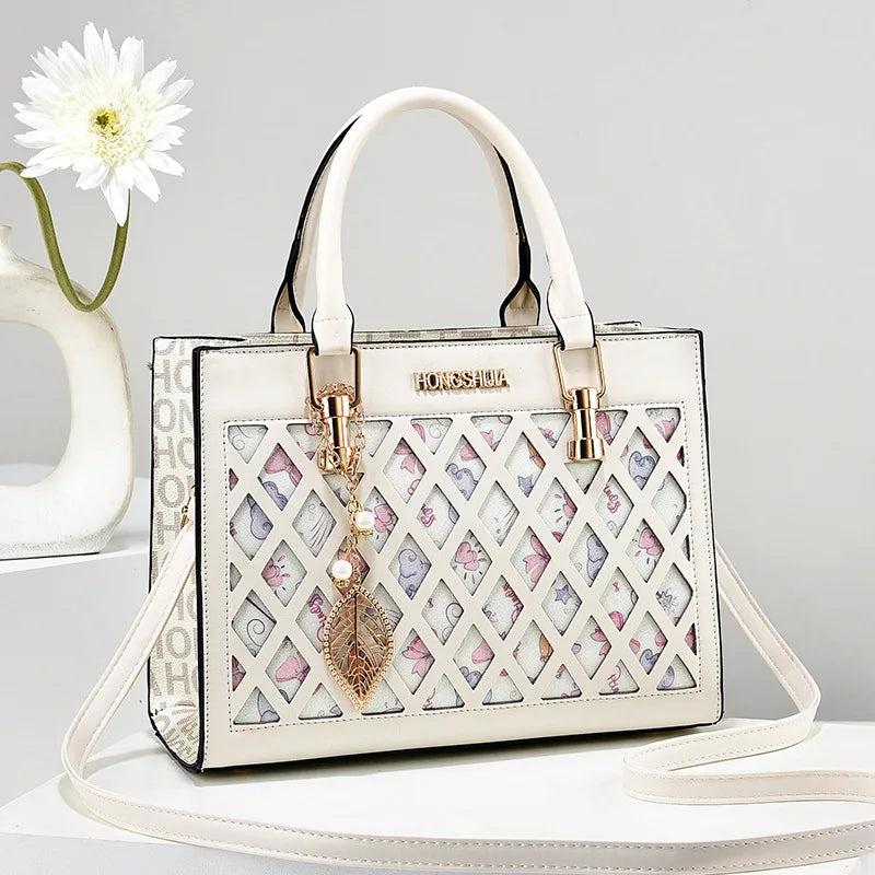 AMAZONY 2024 New Hollow Women's Bag Leather Handbag One Shoulder Bags Large Capacity Women's Bag Women's Cross Body Bag Bolsa Feminina