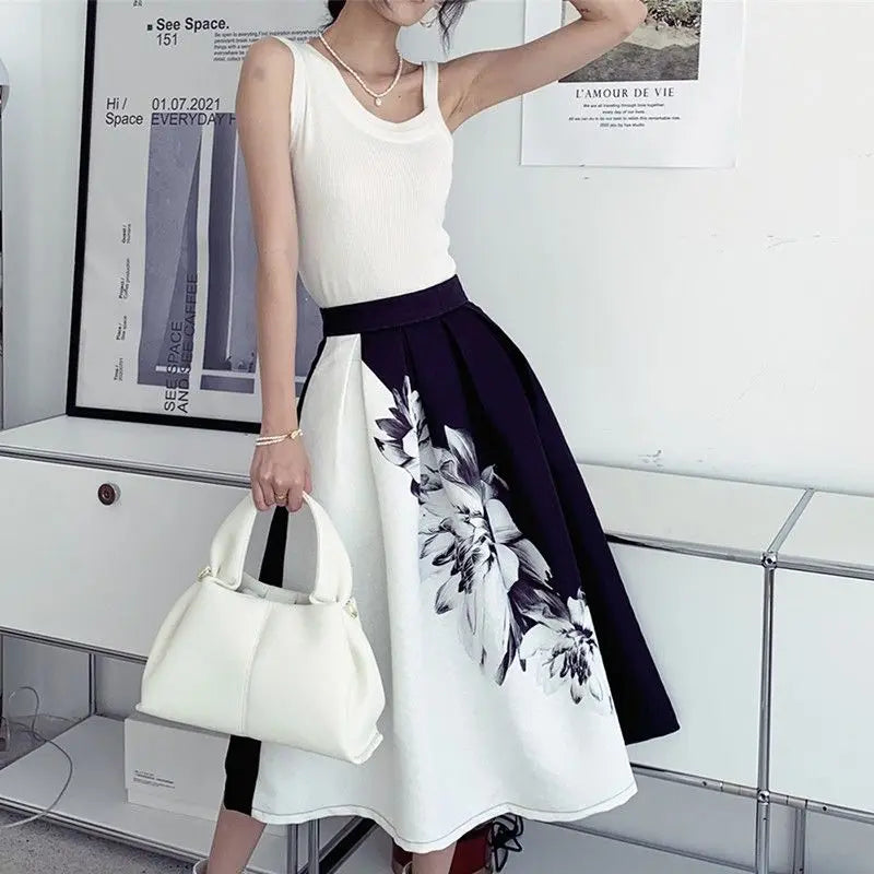 Vintage High Waist Women Tutu Skirt French Women's Clothes High-End Printing All-match Streetwear Irregular Skirts A-line Skirt