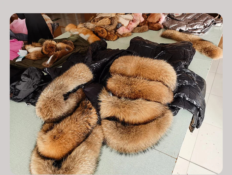 Amazony 2024- 2025 Women Winter Black Loose Long Down Jacket Real Fox Fur Collar Hooded Fashion Waterproof Female Extra Large Coat
