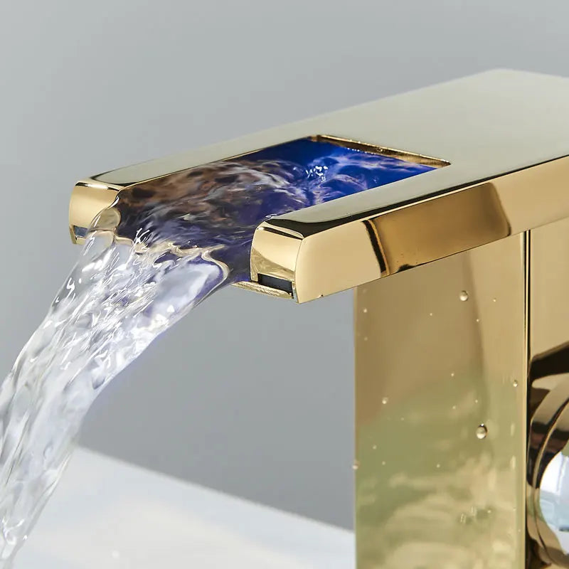 Brass LED Waterfall Bathroom Basin Faucet Deck Mount Cold Hot Water Mixer Crane Tap Short or Tall Tapware Water Flow Motor Free shipping