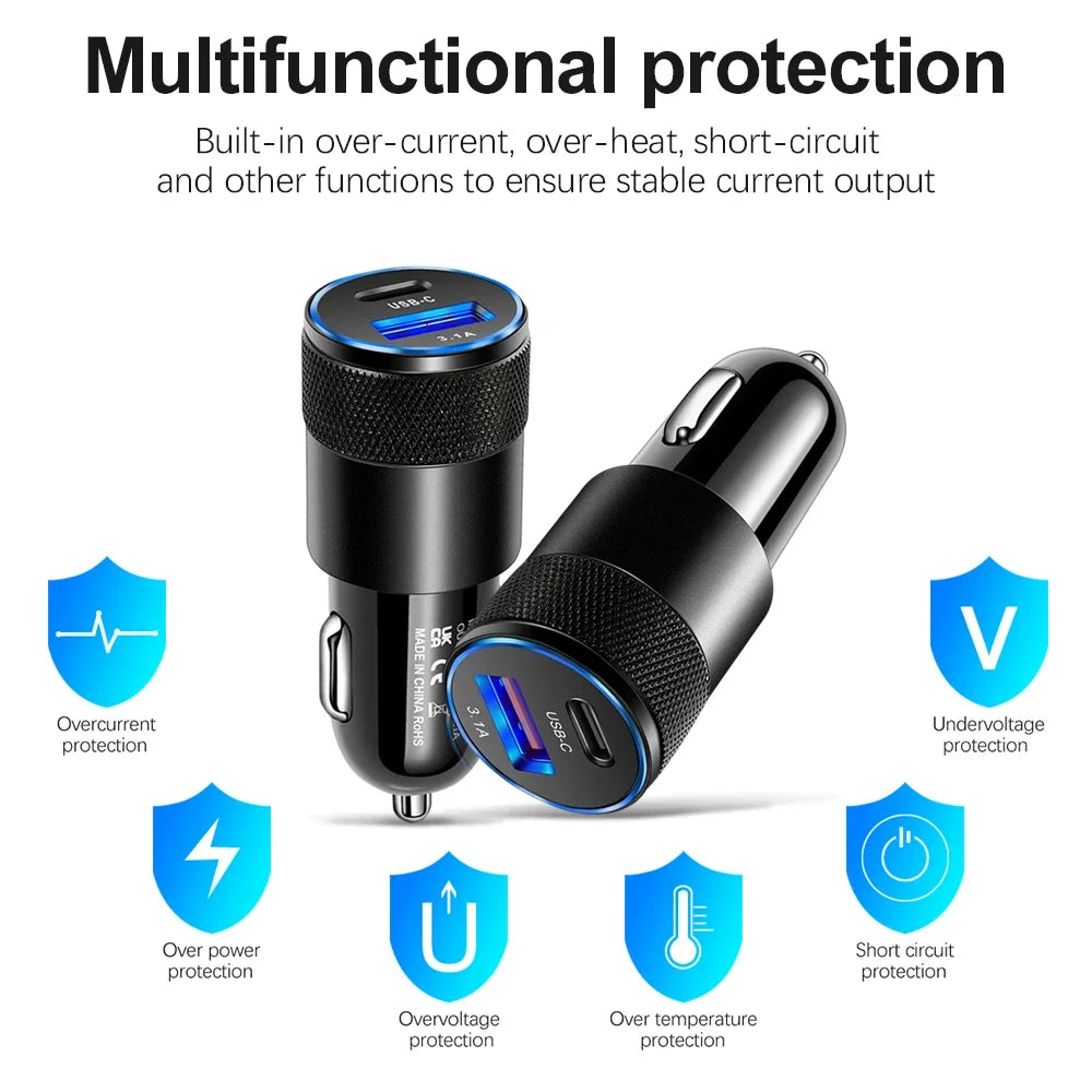 USB Car Charger Quick Charge 3.0 Type C Fast Charging Phone Adapter for iPhone 13 12 11 Pro Max Redmi Huawei Samsung S21 S22