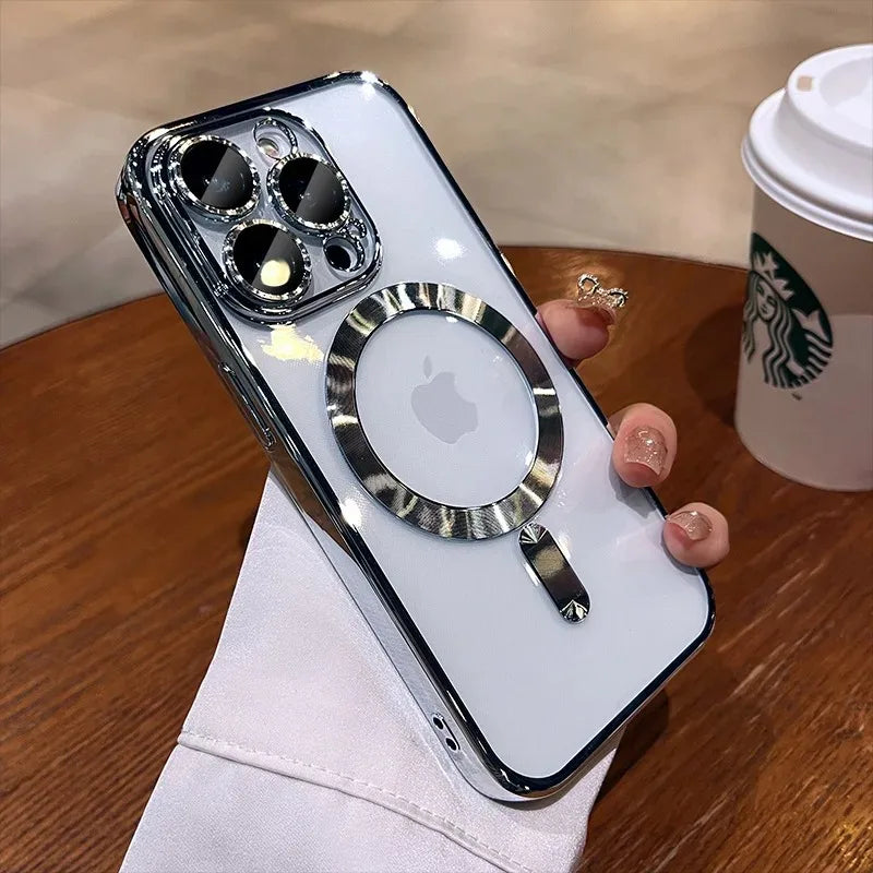 Plating TPU Magesafe Case For iPhone 16 15 14 13 12 11 Pro Max For Plus Magnetic Wireless Charging Full Lens Protect Clear Cover