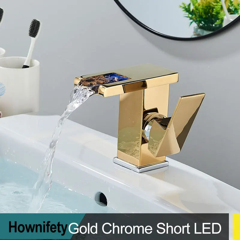 Brass LED Waterfall Bathroom Basin Faucet Deck Mount Cold Hot Water Mixer Crane Tap Short or Tall Tapware Water Flow Motor Free shipping